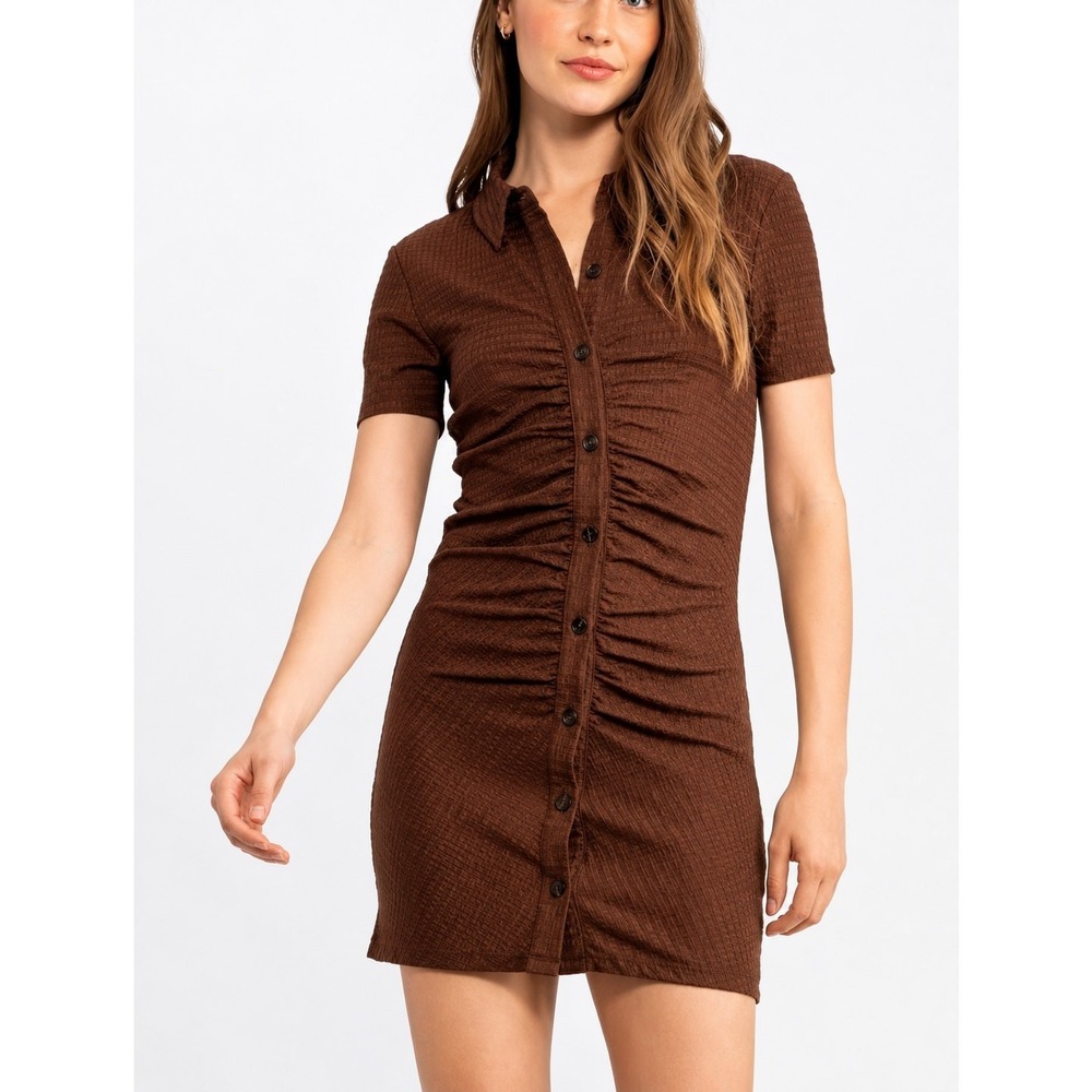 Sanctuary Shirt Dress Women's Size 2X Brown Ruched Front Textured‎ Short Sleeve